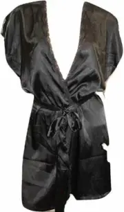Victoria's Secret Lace Trimmed Short Sleeves Satin Robe Medium Black