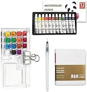 Artist Portable Watercolor Travel Kit, Travel Drawing Board, Mini Portable Watercolor Drawing Board Kit with Clip for Students (12 Color 8-Grid Set)