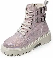 [ZJWBB] Women's Sparkly Combat Boots Fashion High Gang Combat Booties Lace Up Side Buckle Motorcycle Boots