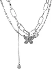 UEIOAVL Necklaces for Kids, 1 Piece Butterfly Pendant Collar Double Layer Stackable Chunky Necklace Circle Chain Punk Hip Hop Butterfly Clavicle Chain (Silver)
