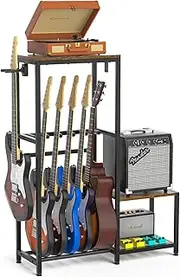 ikkle Guitar Stand for Acoustic Holder, Electric Guitar, Bass, Ukulele, Guitar Amp Accessories and Vinyl Record Multiple Guitar Rack Holder, With Side Table for Recording Studio, Band Stage, Home