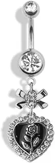 [Pierced Owl] 14GA 316L Stainless Steel CZ Crystal Ribbon and Lace Heart with Rose Dangling Belly Button Ring