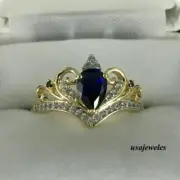 14K Yellow Gold Finish 1.51CT Pear Shape Real Blue Sapphire Crown Jewelry Ring