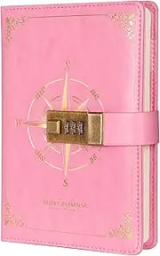 Shesyuki Literary Vintage Leather Notebook with Lock, Embossed Pattern Compass Diary for Writing, B6 Notebook with Lined Paper for Women & Men-Pink
