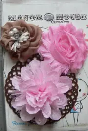 PINK & BROWN Fabric Organza 3 Flower Pk 5-8cm + Felt Doily 10cm - Manor House