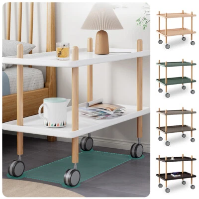 Double Layer End Table Trolley Side Table Nightstand Bedside w/ Shelves & Wheels