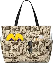 [Ghjkfbf] Witch Hat Print Large Capacity Beach Travel Bag For Family, Beach Tote Bag For Women With Zipper Pockets, Black, One Size