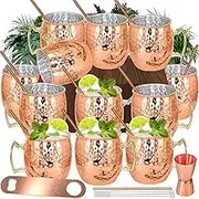 Moscow Mule Copper Mugs Set of 12 Plated Copper Mule Mugs 18oz Bulk Large Hammered Stainless Steel Cups with 1pcs 0.5oz Double Jigger 12pcs Stainless Steel Straws for Cold Chilled Drinks Cocktails