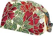 [WOSHJIUK] Working Hat 2 Pack Scrub Caps for Women,Peacock Flower Red Blossom,Tie Back Cap Adjustable Scrub Hat