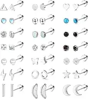 [Sanfenly] 21Pairs Stainless Steel Stud Earrings Set for Women Men 20G Tiny Cartilage Stud Earrings Star Moon Triangle Heart Leaf Opal Stud Earrings Hypoallergenic Flat back Earrings Piercing Jewelry