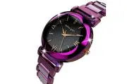 Bullion Gold Romish Watch Embellished with Glittering Crystals - Purple and Black
