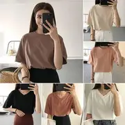 Short-Sleeve Round Neck / V-Neck Plain T-Shirt Brick Red Round Neck - One Size