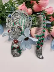 2Pc Vintage Mirror And Comb Set Hand-held Vanity Decor Green Enamel Peacock