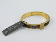 Vince Camuto Leather & Gold Tone Rhinestone Hinged Bangle Bracelet 3/8" Wide NWT