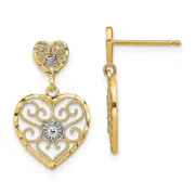 14K Yellow & Rhodium W/ Rh Heart Beaded Filigree Dangle Earrings