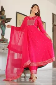 Rayon Gold Printed Anarkali Kurti Paired With Printed Pant And Dupatta