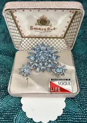 Vtg BRJ Blue Rhinestone Jewelry Smart Set brooch & earrings Fifth Avenue in Box