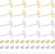 UNICRAFTALE 200Pcs 2 Color Flat Pad Stud Earring Stainless Steel Stud Earring Findings with Loop Metal Earrings Post with Earring Backs Flat Round Blank Earring Pads for DIY Earrings Making