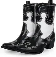 [gioanroca] Western Woman Cowgirl Boots with Chunky Heel Pointed Toe Cowboy Boots White Patchwork Trendy Cowboy Stitched Pointe Toe Mid Shaft Boots