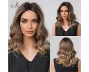 EASIHAIR Synthetic Wavy Wigs Short Brown Golden Bob Hair Wigs Medium Curly Wave Wigs for Women Daily Heat Resistant Women's Wig