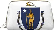 Massachusetts State Flag Leather Hand-Held Zipper Makeup Bag Cute Make Up Case Large Wide-Open Pouch Pen Case, White, One Size