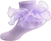 [Snegyu] Girls Frilly Socks Kids Princess Socks Baby Toddler Girl Dance Socks Ruffle Socks Turn Cuff Big Double Lace Ankle Socks for Shows Party Performance Socks 0-12 Years