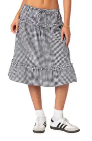 EDIKTED Gingham Tiered Ruffle Midi Skirt in Black-And-White at Nordstrom, Size X-Small