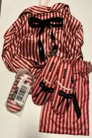 Victoria Secret Robe Holiday Sequin Bow Red Stripe Satin Slippers Eyemask Set M