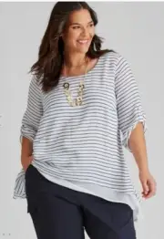 Autograph Top Plus Sz 24 Shirt Tunic 3/4 Sleeve White Black Stripe Viscose RP$90