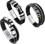 [AHEJIOO] Men's Leather Bracelet – Premium Men's Bracelet with Magnetic Clasp Made of Stainless Steel, Set of 3 Black Braided Bracelet Men Made of Real Leather, High-Quality Bracelet Men for Gift Ideas