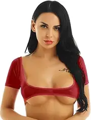 [ACSUSS] Womens Sexy Mesh Transparent Open Bust Short Sleeve Belly Dance Crop Top