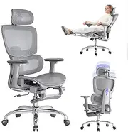 LarkLeaves Office Chair with Footrest, Ergonomic Chair with 3D Headrest, Desk Chair with Adjustable Backrest & 3D Armrest, Gaming Chair with Adaptive Lumbar Support, Mesh Backrest & Cushion, Grey
