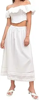 [SANGTREE] Women's Lace Cotton Linen Skirt Drawstring Waist A Line Beach Flowy Long Skirts