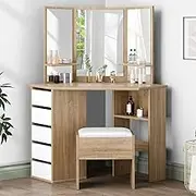 ALFORDSON Corner Dressing Table and Stool Chair Set Wood White Color, Makeup Vanity Desk with Tri-fold Mirror, Mutiple Shelves & Side Cabinet, Dresser Organiser for Women Bedroom Dress Room