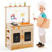 Costway Outdoor Wood Toy Kitchen Pretend Play Kitchen Playset w/Blackboard & Cookware Natural