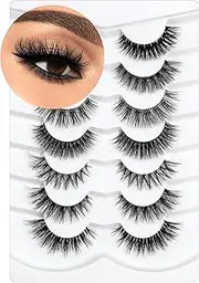 3D Clear Band Lashes Natural Soft Faux Mink Lashes C/D Curl Cat Eye Wispy Fake Eyelashes Short Cross Reusable False EyeLashes 7 Pairs Happy Heartbeat (No.191)