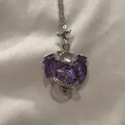 Whimsical Dragon Purple Heart Pendant Silver-Tone Necklace NEW