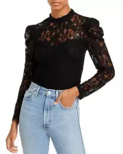 $78 Aqua Womens Lace Overlay Puff Sleeve Sweetheart Neckline Top Blouse, Black,S