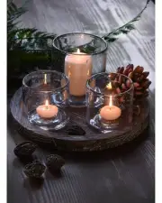 Glass Candle Holder Set 3 with Wood Tray Clear Seeded Bubbles Hurricane Cylin...