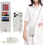 Cavor Vertical Flip Cover for iPhone 14 Pro Max Leather Case 6.7'' Crossbody Wallet Card Slots with 360°Rotation Ring Holder Kickstand & Long Shoulder Lanyard Strap-White Leopard