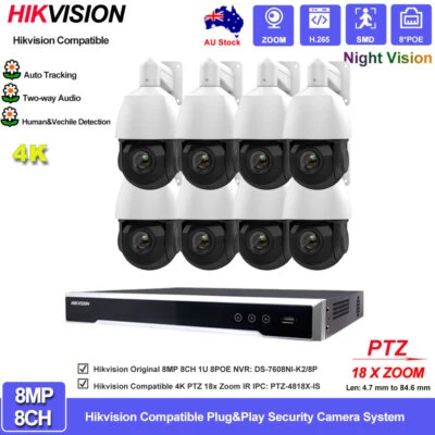 Hikvision 12MP 8CH CCTV 8MP 18x Zoom PTZ Camera System 2-Way Audio Auto Tracking