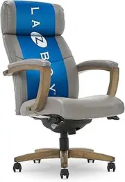 [La-Z-Boy] Greyson Modern Executive Office Chair, Solid Wood Arms and Wheeled Base, Ergonomic High-Back Lumbar Support, Bonded Leather, Grey