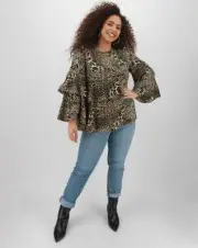 Simply Be Leopard Print Fluted Sleeve Pleat Layer Top UK 12, US 8, EUR 40