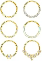 [Sanfenly] 6Pcs 16G 18G Septum Rings Surgical Steel Nose Rings Hoop for Women Opal CZ Daith Cartilage Hoop Earring Clicker Septum Jewelry Hinged Hoop Nose Ring Lip Helix Rook Tragus Piercing Jewelry