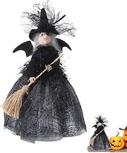 Black Witch Doll | Witches with Hat Mesh Dresses Tree Toppers,Halloween Ghost Festival Witch Doll Tree Top with Spider Web Skirt and Flying Broom for Trees Tabletop Holiday Party Home Decor