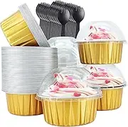Free-Air Aluminum Cupcake Liners with Dome Lids 50 Pack, 5oz Foil Baking Cups Muffin Tins,Disposable Ramekins Jumbo Muffin Liners for Wedding Birthday Party,with 50 Spoons-Gold