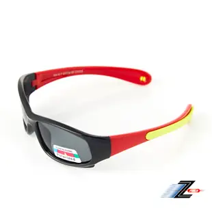 【Z-POLS】兒童矽膠軟質彈性壓不壞 Polarized寶麗來偏光抗UV400太陽眼鏡ZP81黑紅黃配色(鏡腳可變身眼鏡繩)