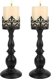 Candle Holders for Pillar Candles Gothic Matte Black Vintage Tall Candle Holders Set of 2 Decorative Large Table Centerpieces Candle Stand Decor (Black 2PCS A)
