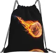 JEJEA Basketball On Fire Print Drawstring Backpack Waterproof Back Bag Cinch Bags Swim Gym Travel Bag For Men Women, White, One Size