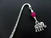 A TIBETAN SILVER PINK JADE BEAD & ELEPHANT CHARM BOOKMARK. NEW.